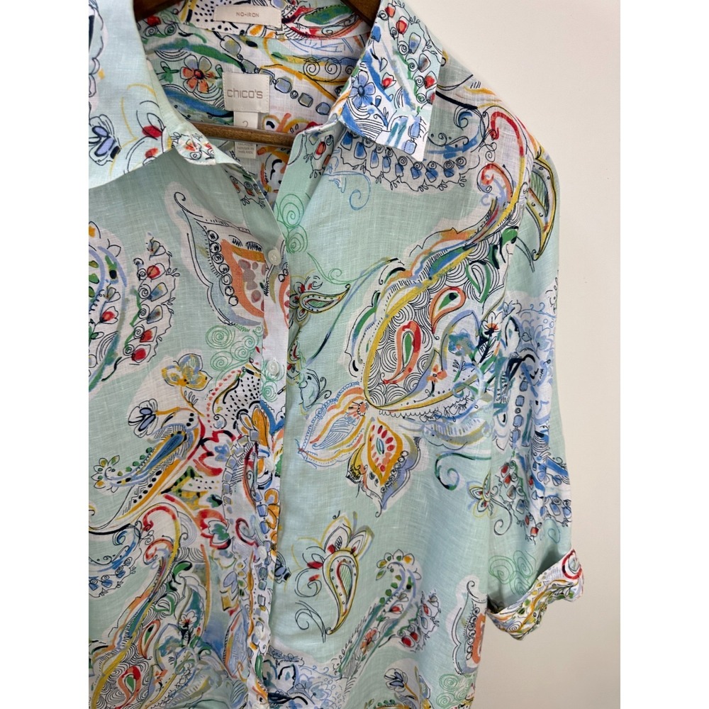 Chicos Effortless Linen Whimsy No-Iron Paisley Button Down Shirt Size 2 Large 12 - Picture 5 of 10